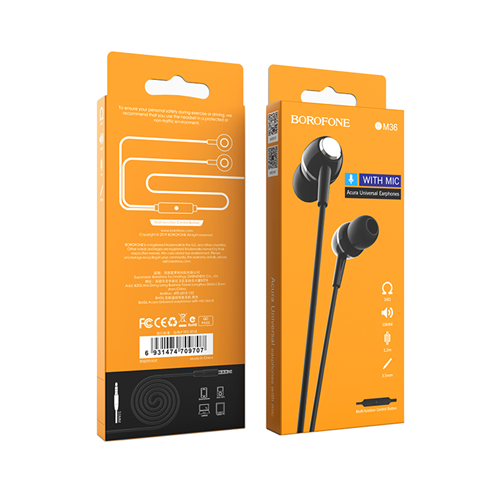 Auricolari 3.5mm BM36 "Acura" neri con mic. e comandi sul filo 1.2m