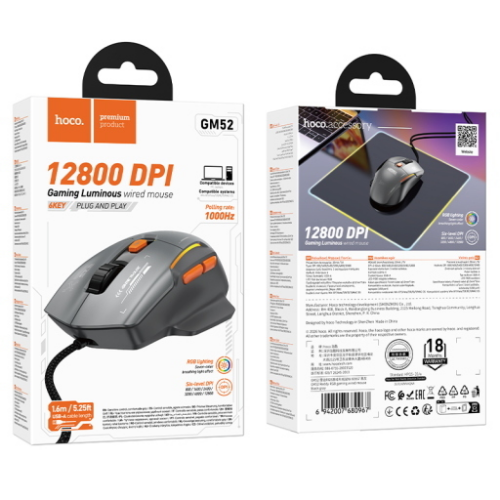 Mouse Gaming RGB con filo GM52 "Reddy" Black Gray